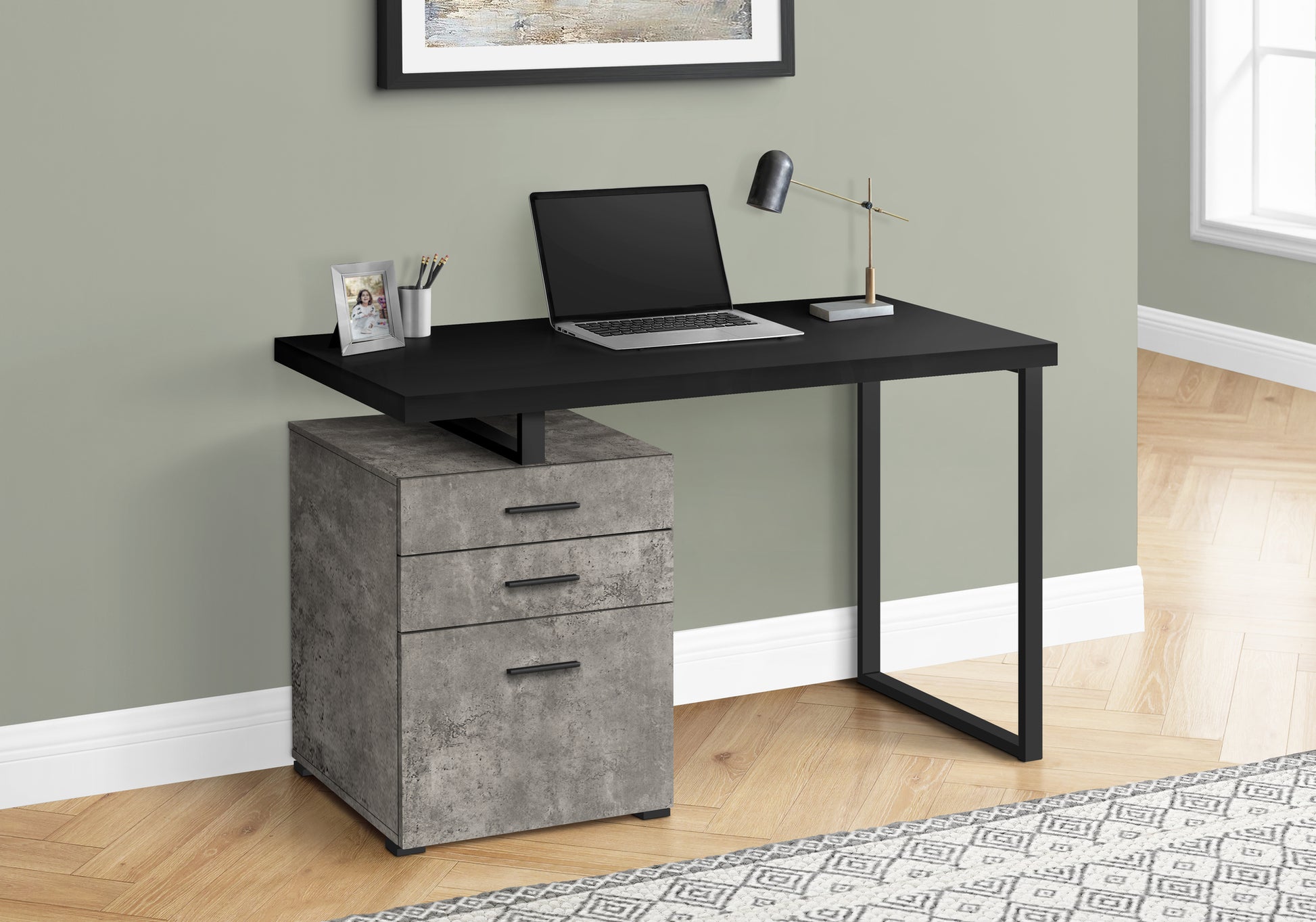 Computer Desk, Home Office, Laptop, Left, Right Set Up, Storage Drawers, 48"L, Work, Black And Concrete Laminate, Black Metal, Contemporary, Modern Black Particle Board