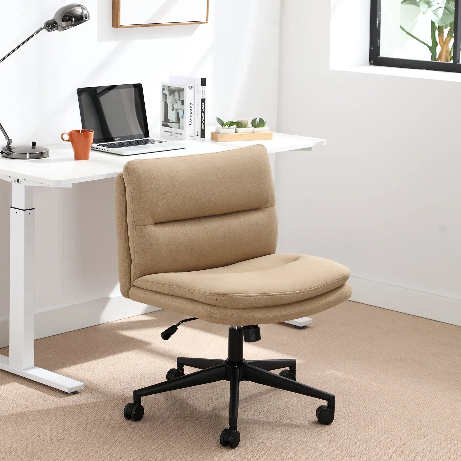 Office Chair Armless Criss Cross Legged Chair With Wheels, Comfy Home Office Desk Chairs, Adjustable Swivel Padded Fabric Vanity Task Computer Chair,Light Brown Wood Light Brown Cotton Office Chairs Handle Cotton Linen