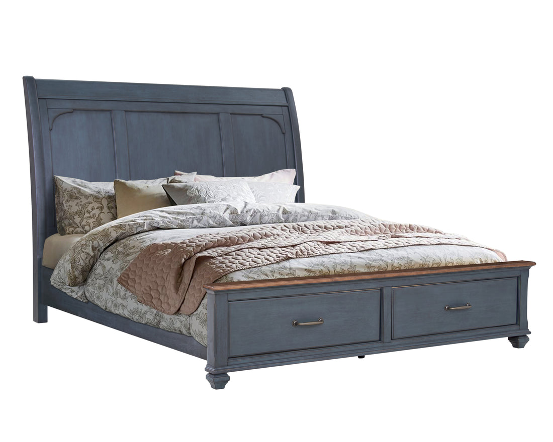 Americana King Size Sleigh Bed, Corduroy Blue Finish King Blue Rubberwood Rubber Wood