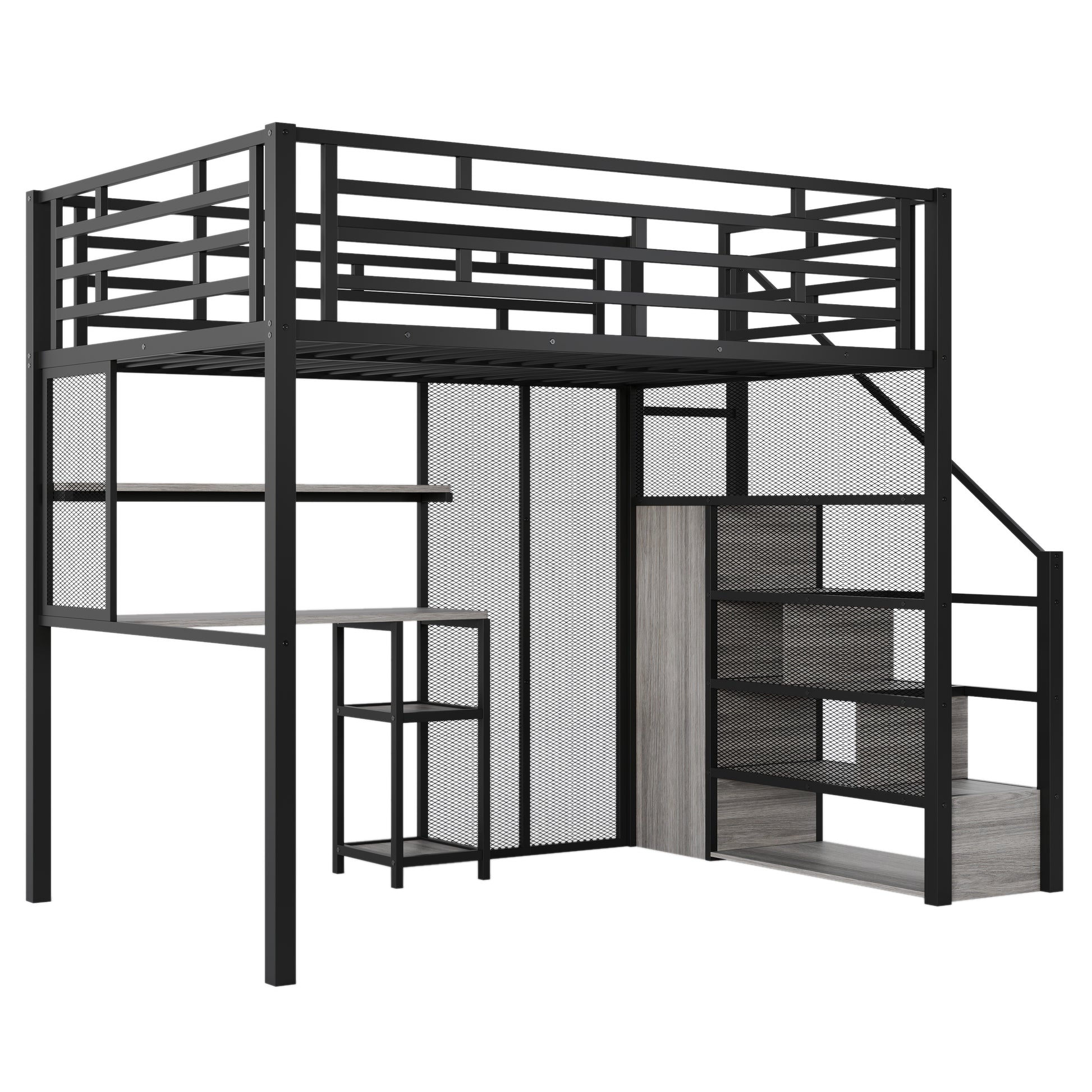 Full Size Metal Loft Bed With Wardrobe, Desk, Storage Shelves, Black Expected Arrival Time: 10.3 Box Spring Not Required Full Black Metal Mdf Metal