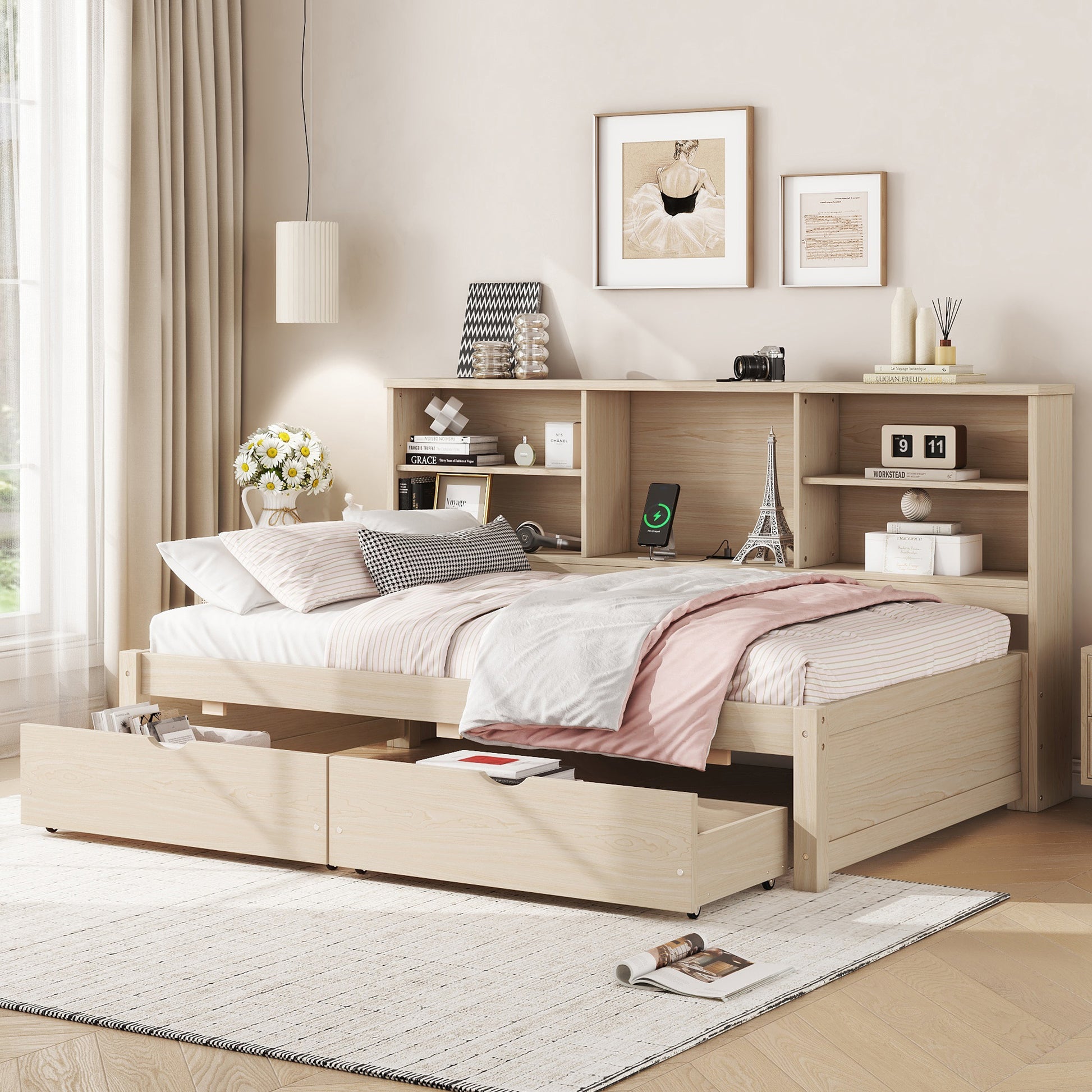 Twin Size Bed Frame With Side Bookshelves, Two Drawers, And Built In Usb Port For Natural Color Box Spring Not Required Twin Natural Bedroom Bookcase Particle Board,Plywood,Rubber Wood