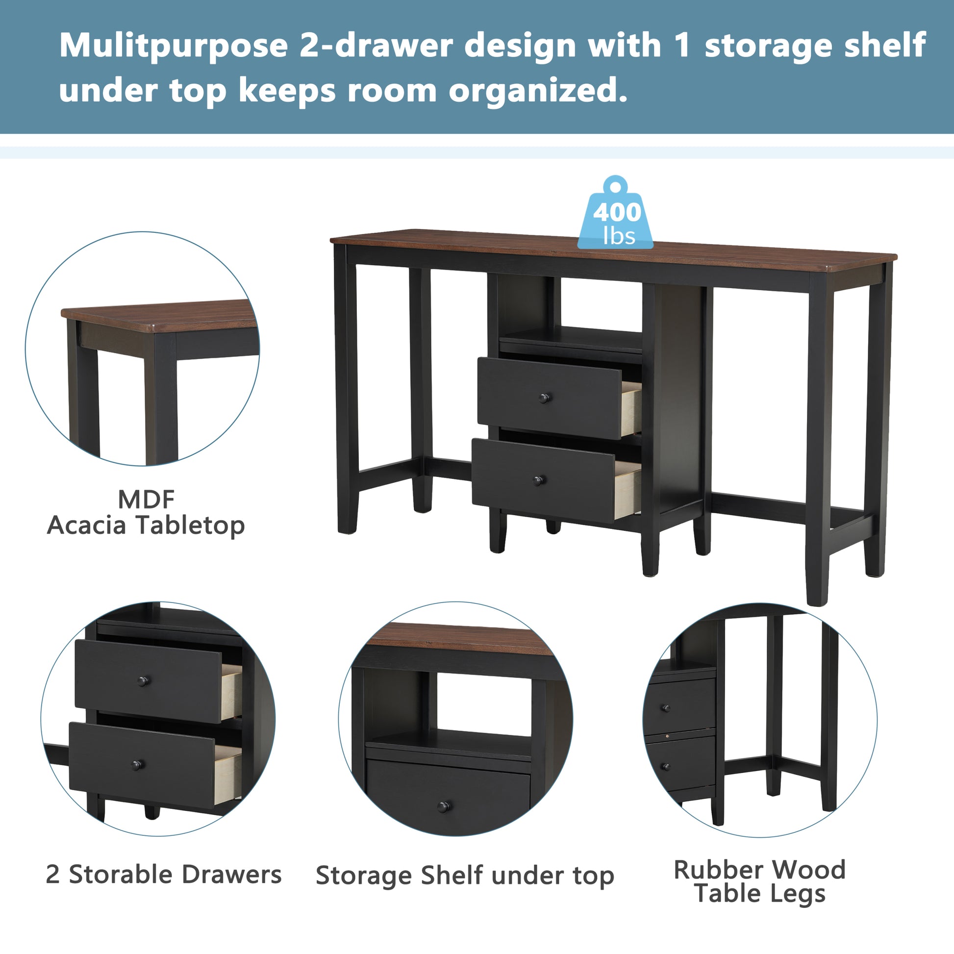 Farmhouse Rustic 3 Piece Counter Height Wood Dining Table Set With Cabinet,2 Storage Drawers And 2 Stools For Small Places,Black Cherry Wood Wood Cherry Seats 2 Wood Dining Room Farmhouse Rubberwood Rectangular Foam Solid Wood