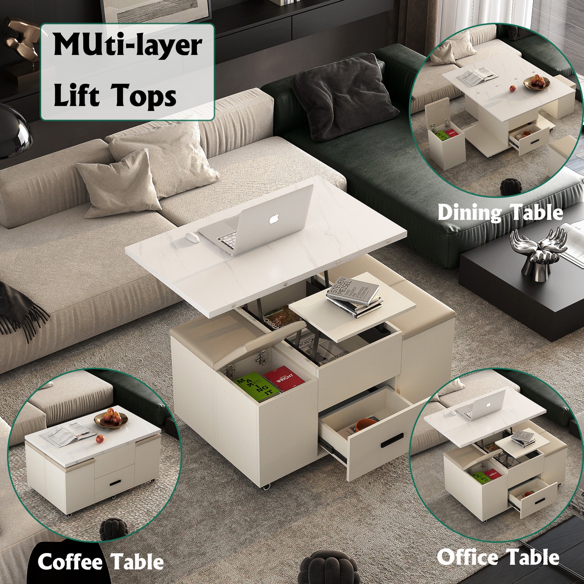 Modern Lift Up Coffee Table With 4 Stools Set For Living Room Expandable 1 Hidden Storage 2 Drawers Space Saving Folding Dining Table White Mdf