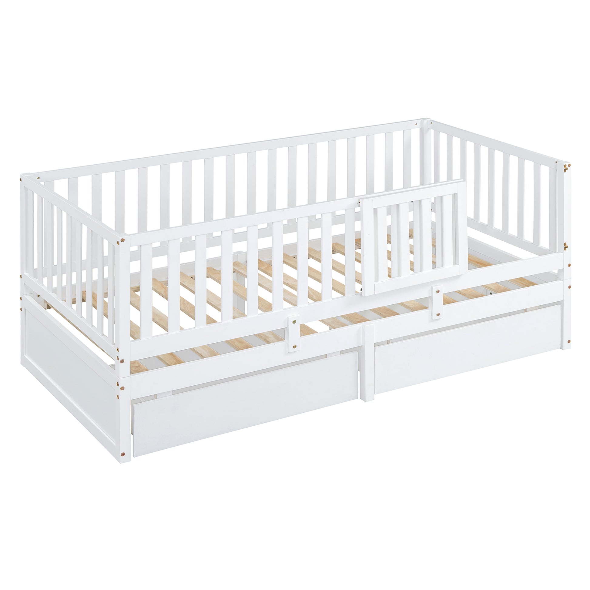 Twin Size Wood Daybed With Fence Guardrails And 2 Drawers, Split Into Independent Floor Bed & Daybed, White Old Sku :Lp000881Aak Twin White Solid Wood Mdf