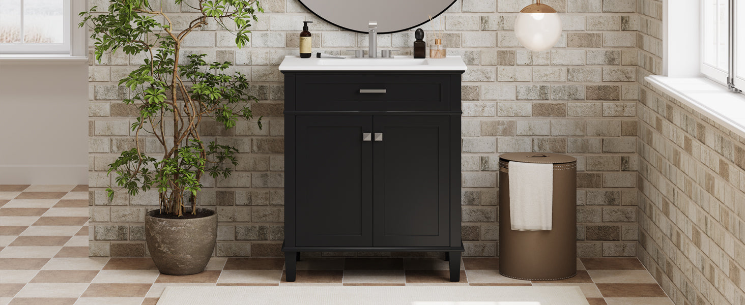 30 Inch Bathroom Vanity With Ceramic Basin, Soft Close Door And Adjustable Shelves Black Bathroom Solid Wood Mdf