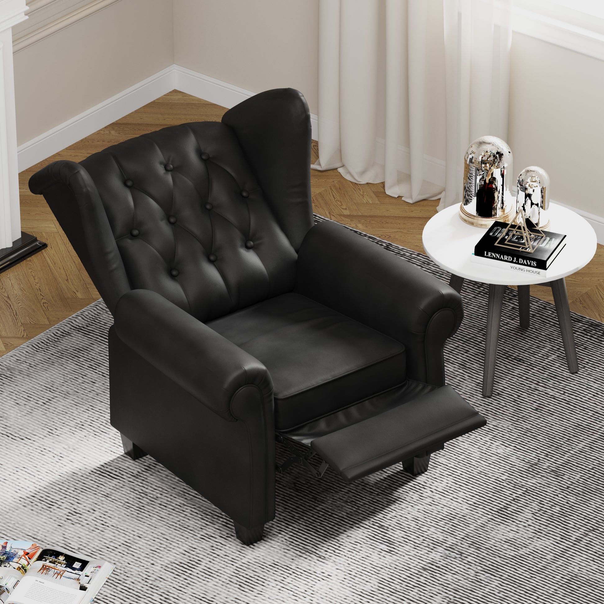 Modern Tufted Push Back Armchair Technical Leather Chair, Adjustable Single Sofa Chair With Sturdy Wood Legs For Bedroom, Living Room, Small Space Color:Black Black Primary Living Space Mid Century
