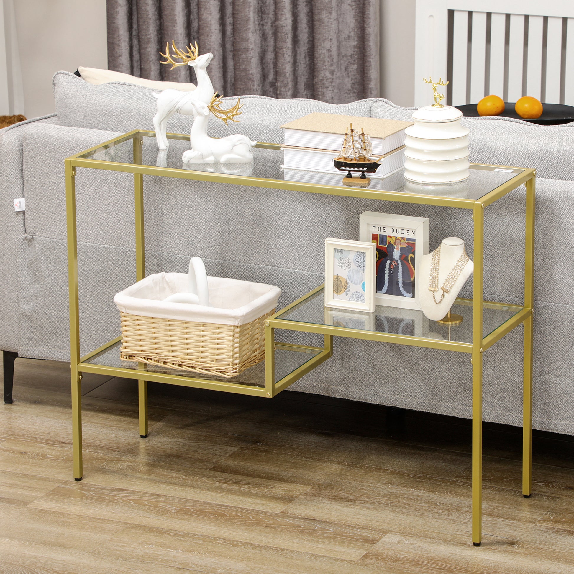 Homcom Gold Console Table, 39" Tempered Glass Behind Sofa Table, Narrow Entryway Table With Storage Shelves, Steel Frame For Living Room Furniture, Hallway Furniture, Glass Table Gold Glass Metal