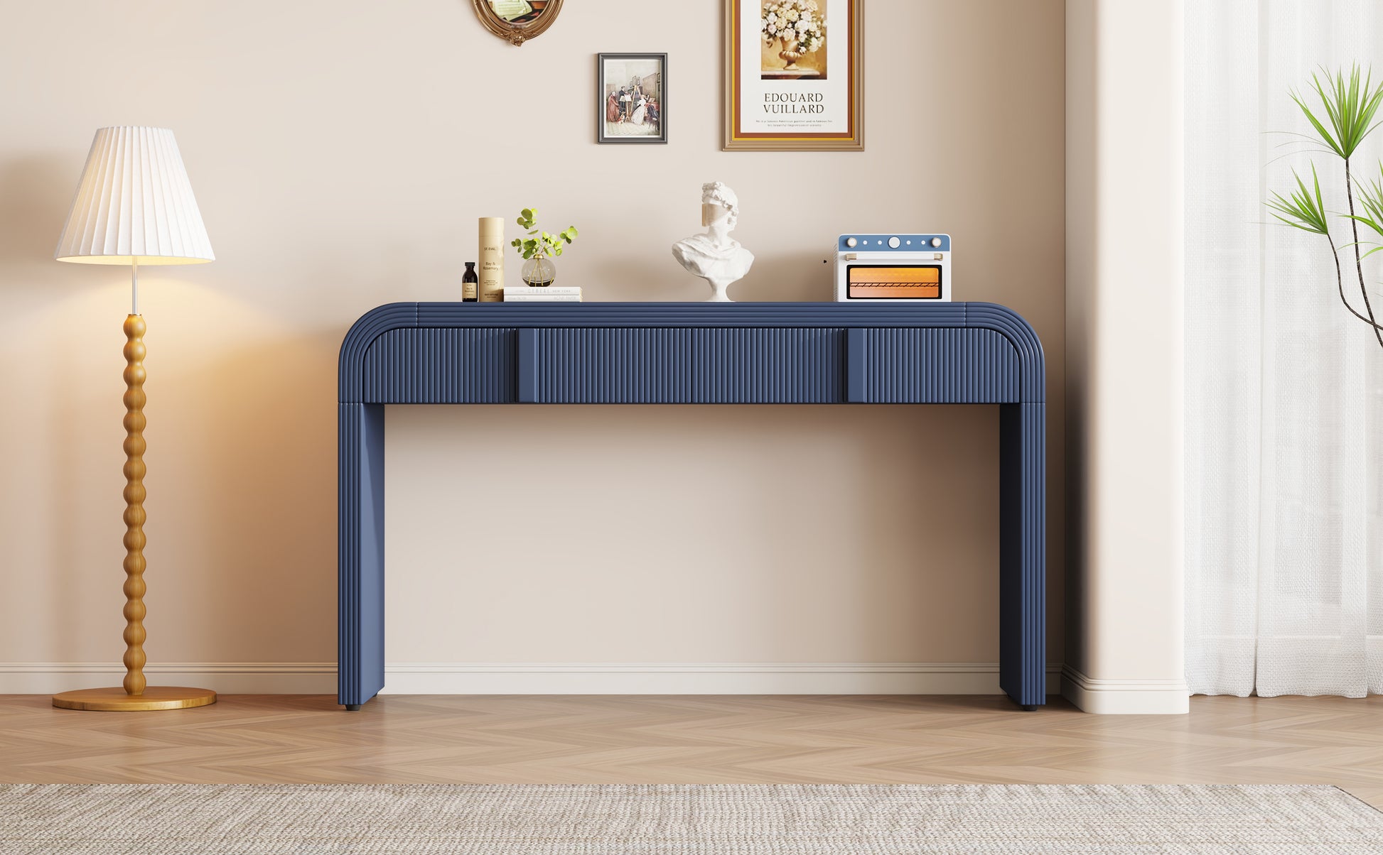 Unique Modern Rounded And Smooth Surface Console Table With 2 Drawers For Living Room And Entryway Navy Blue Navy Blue Primary Living Space Drawers Glossy Mdf