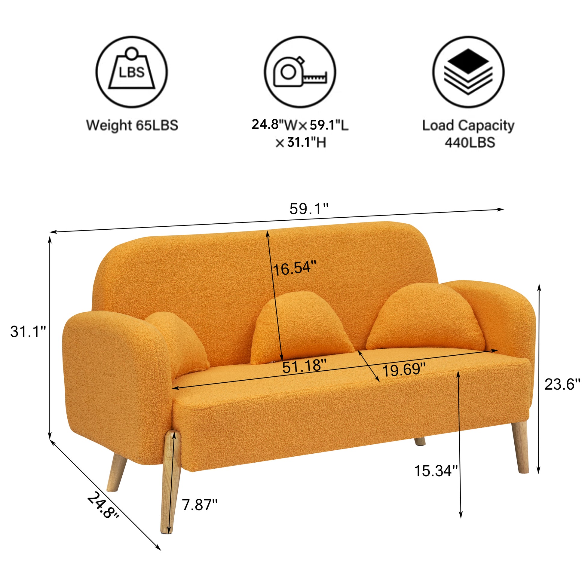 59.1" Teddy Velvet Beige Two Seater Sofa With Three Lumbar Pillows Orange Wood Primary Living Space Eucalyptus Square Arms Foam Teddy 2 Seat