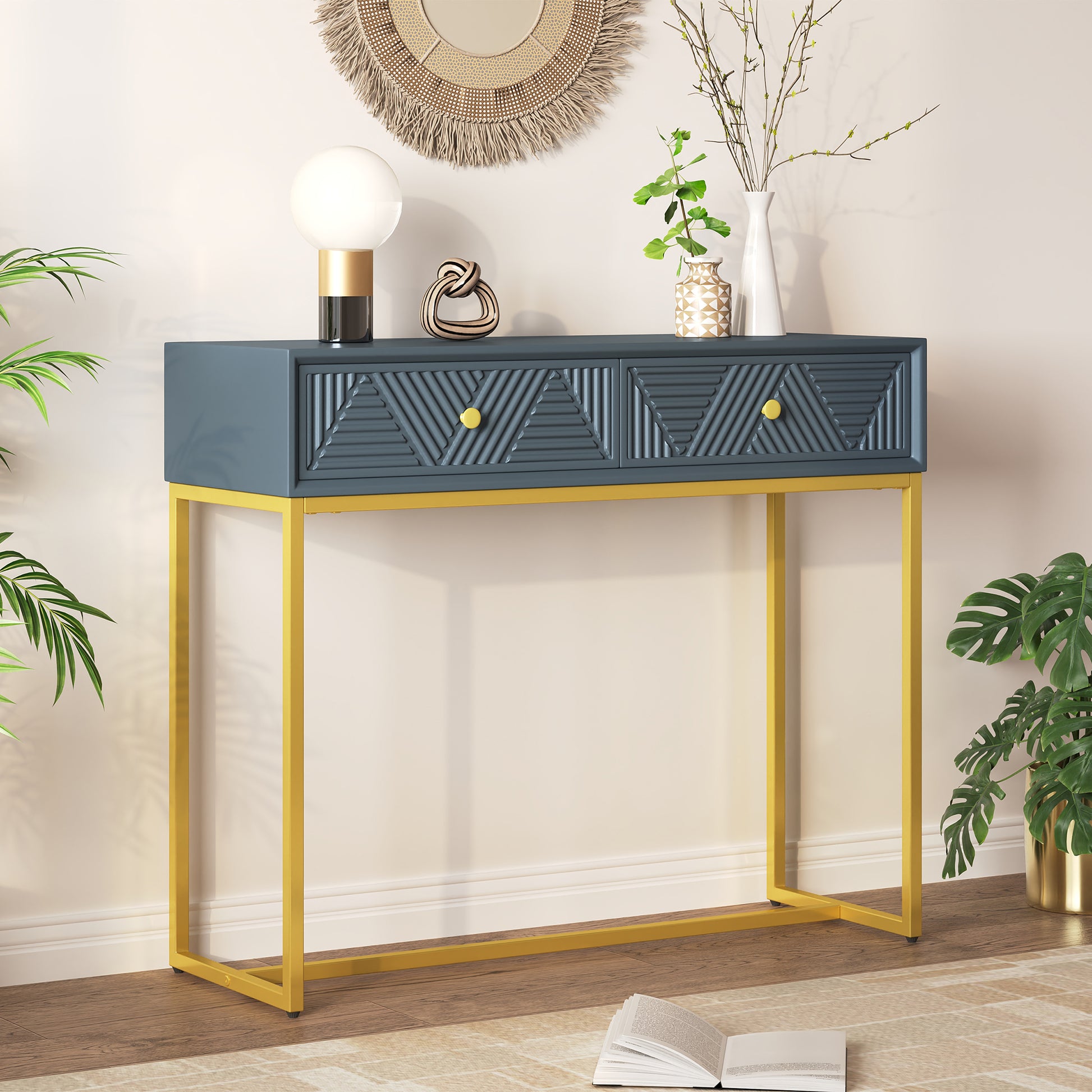 Modern Sleek Console Table Two Drawers With Stripe Design For Living Room And Entryway Grey Grey Mdf