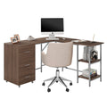 Techni Mobili L Shape Home Office Two Tone Desk With Storage, Walnut Walnut Computer Desk Office Modern L Shape Computer Tables Rectangular Engineered Wood