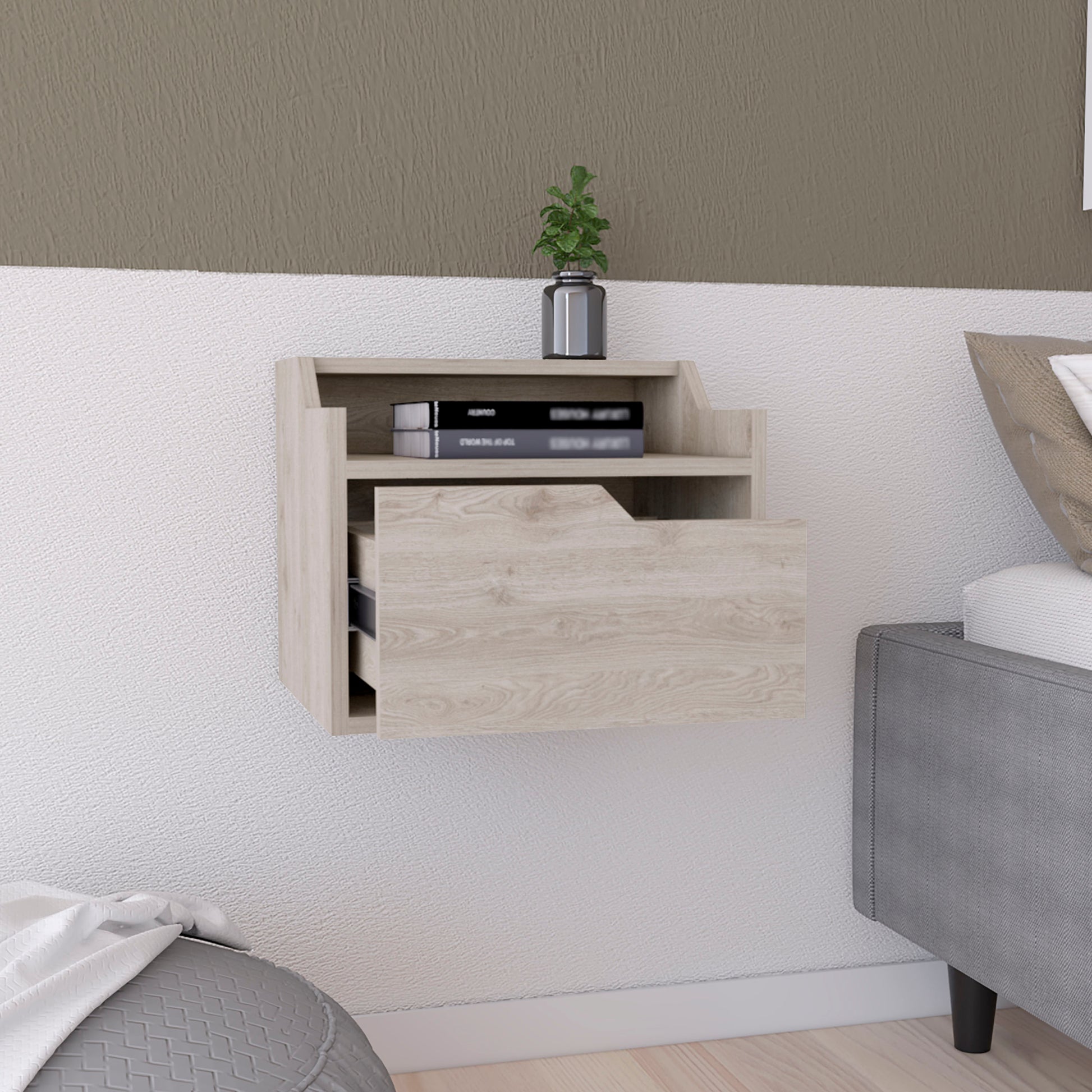 Winchester Floating Nightstand, Modern Dual Tier Design With Spacious Single Drawer Storage, Light Gray Light Gray Solid Wood Mdf Engineered Wood