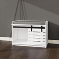Modern Shoe Storage Bench, 2 Tier Entryway Bench With Sliding Barn Door & 2 Adjustable Shelves & Full Soft Removable Seat Cushion For Entryway, Hallway, Bedroom White White Mdf