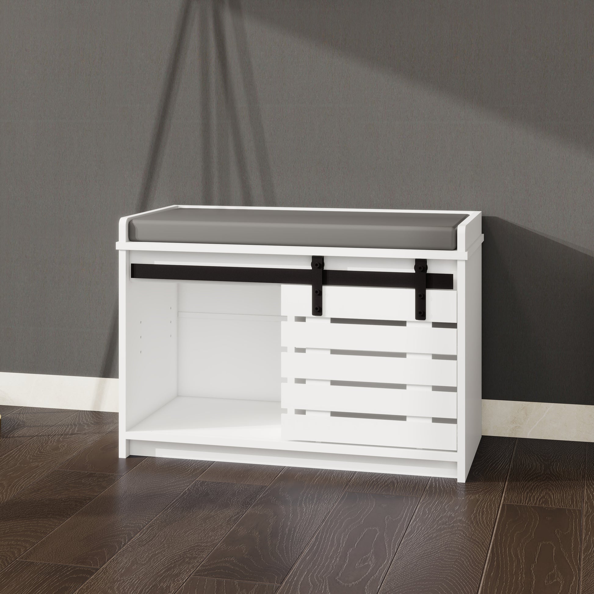 Modern Shoe Storage Bench, 2 Tier Entryway Bench With Sliding Barn Door & 2 Adjustable Shelves & Full Soft Removable Seat Cushion For Entryway, Hallway, Bedroom White White Mdf