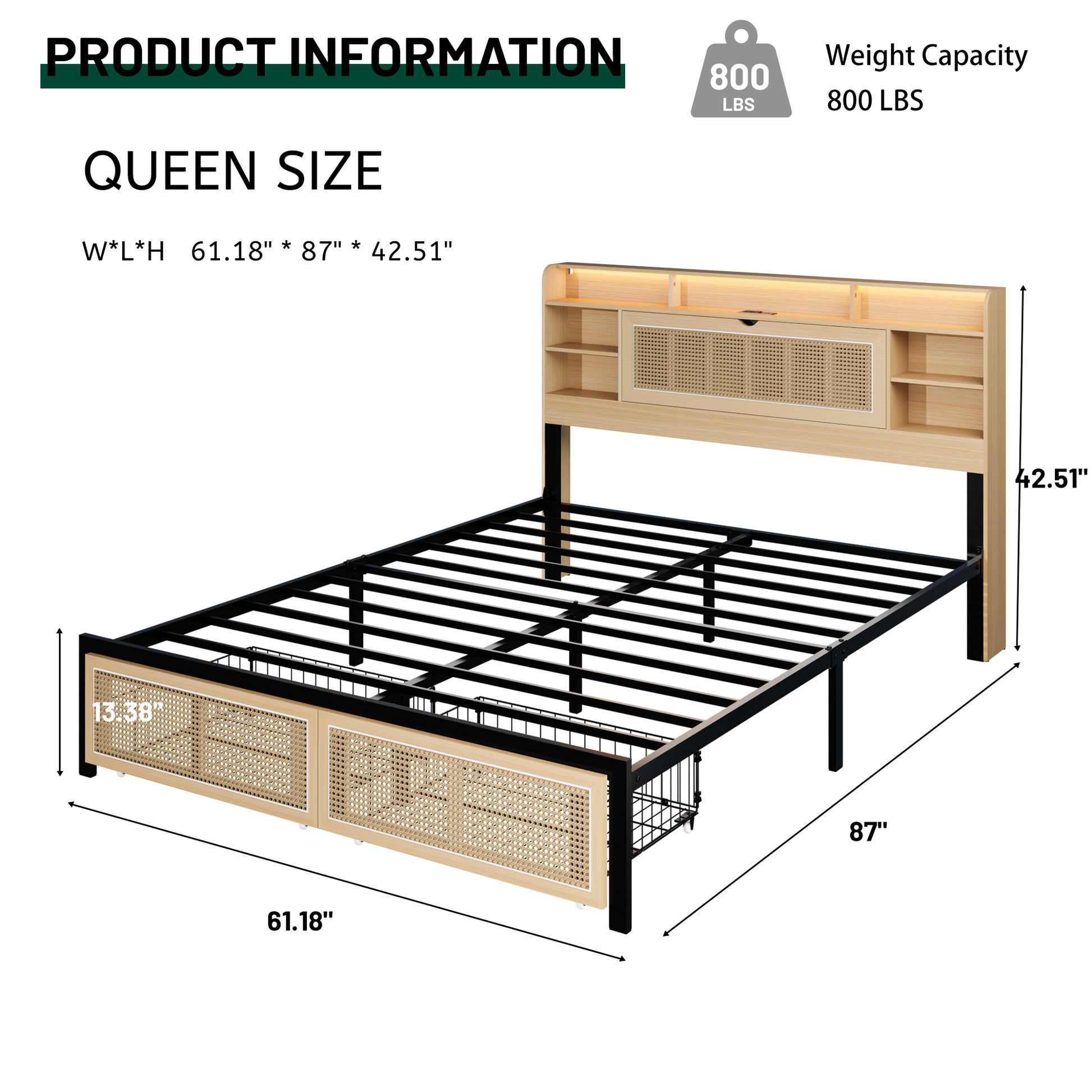 Bed Frame Queen Size With Storage Headboard And 2 Drawers, Upholstered Platform Bed With Charging Station And Led Light, Heavy Duty Frame Support, No Box Spring Needed, Noise Free, Natural Box Spring Not Required Queen Natural Metal Bedroom Modern Bed