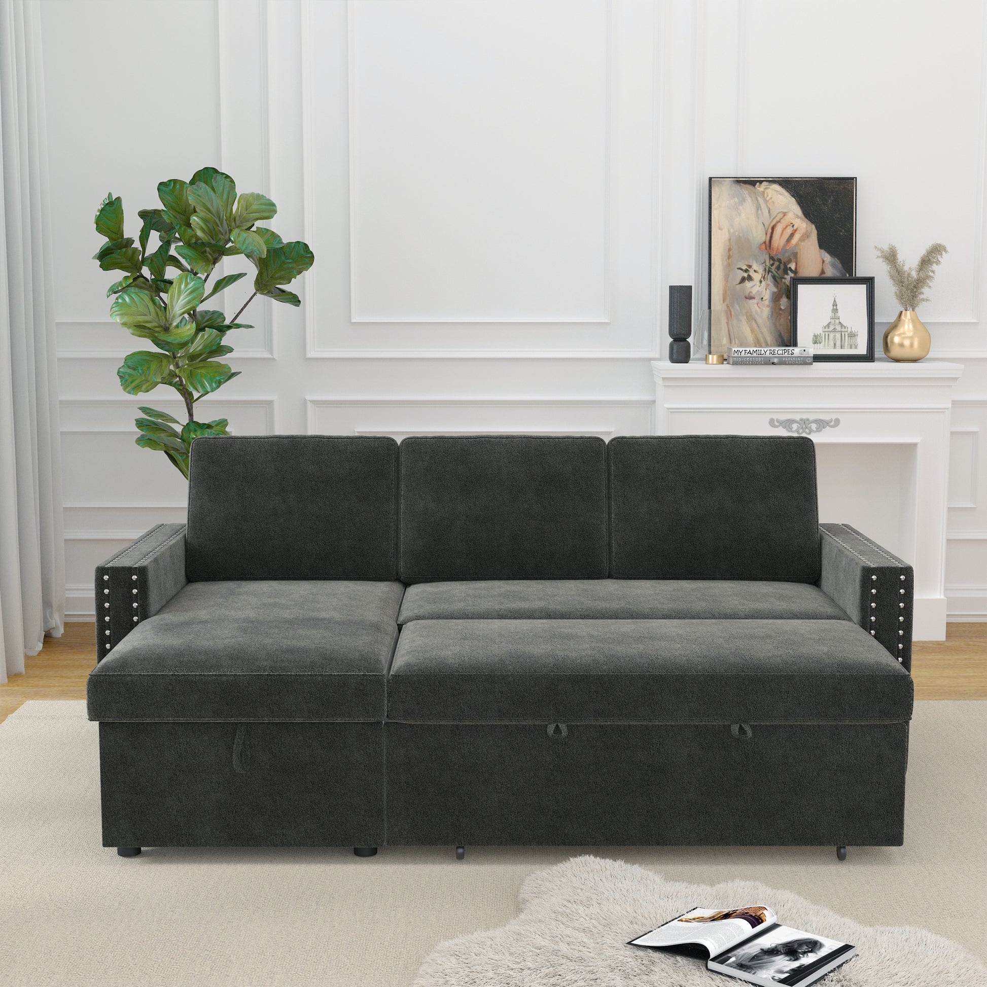 85 Inches Sofa Bed, 3 Seater Sleeper Sofa With Storage Chaise, Square Handrail With Pull And Copper Nail,Chenille Dark Grey, Pull Out Couch For Living Room Dark Grey Chenille 3 Seat