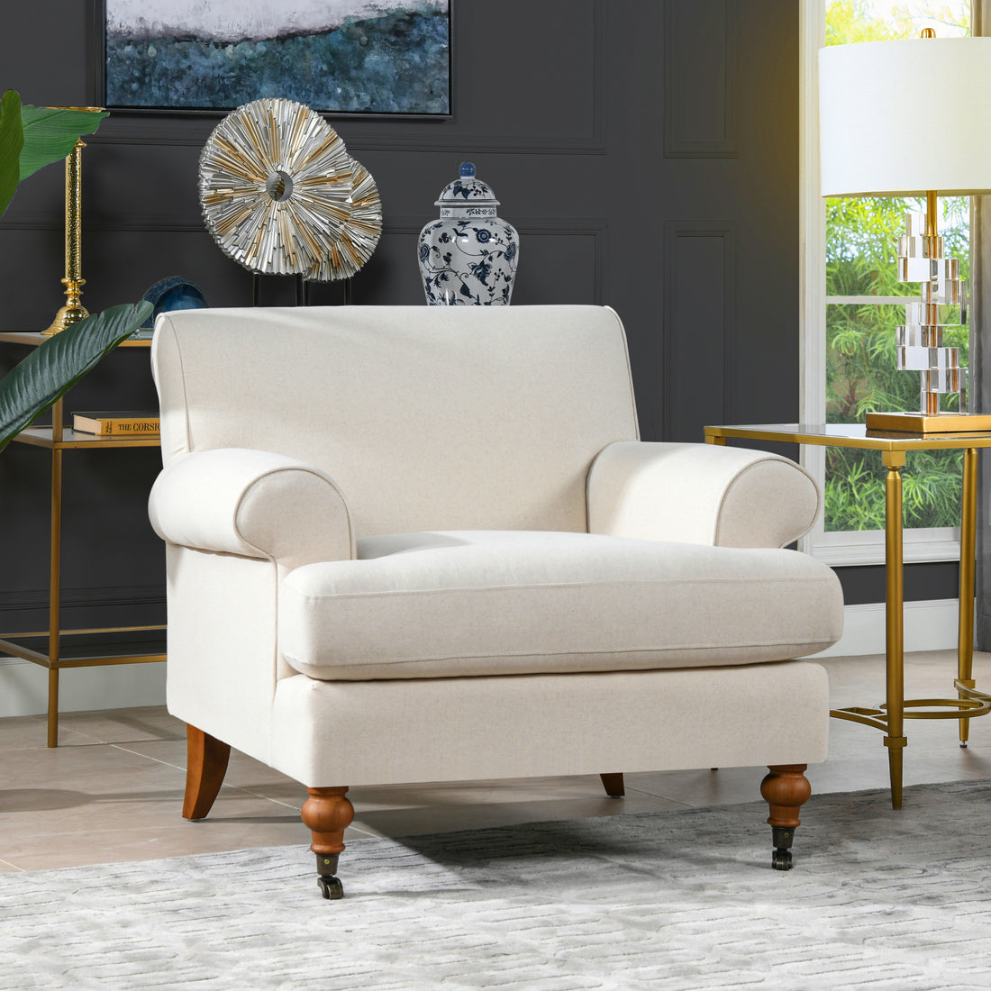 Alana 38" Lawson Accent Arm Chair Metal Casters, Light Beige Linen Beige Foam Linen