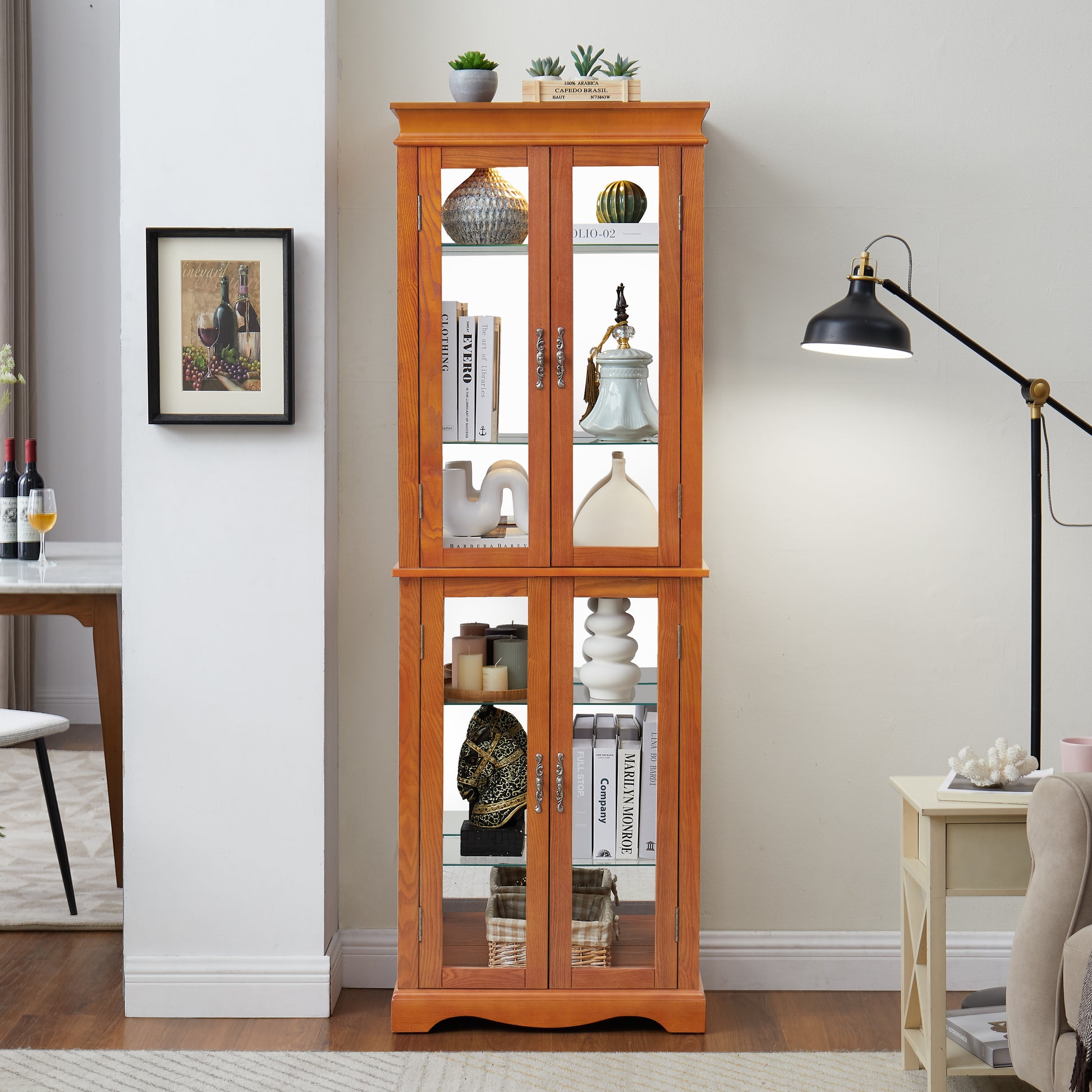 Lighted Glass Curio Display Cabinet,Display Cabinet,Glass Storage Cabinet Glass Wine Cabinet Wood Frame Toy Display For Living Room, Kitchen, Pantry Light Bulb Included Oak Oak Mdf Glass