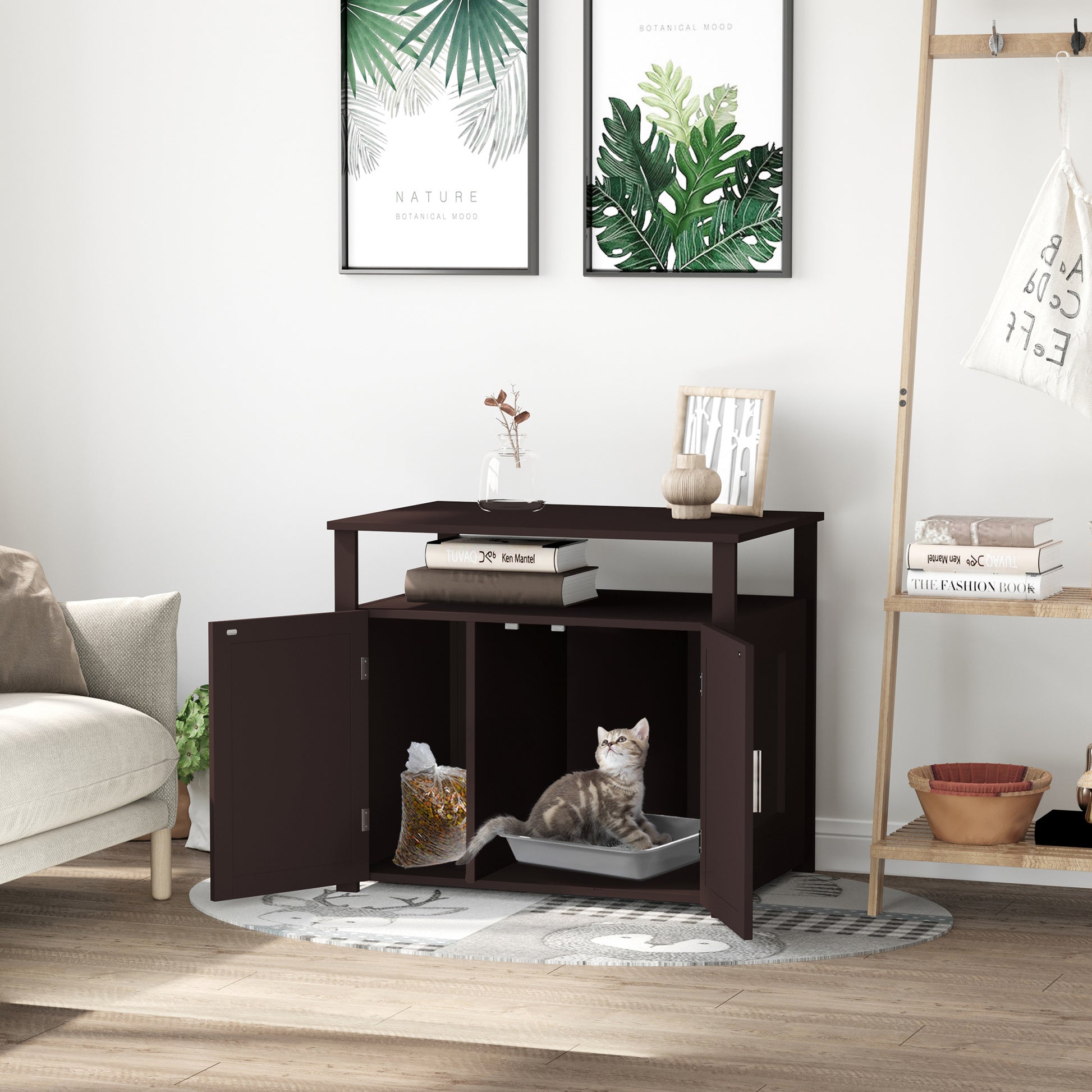 Pawhut Wooden Cat Litter Box Enclosure Furniture With Adjustable Partition, Cat Washroom End Table With Open Shelf, Brown Brown Mdf