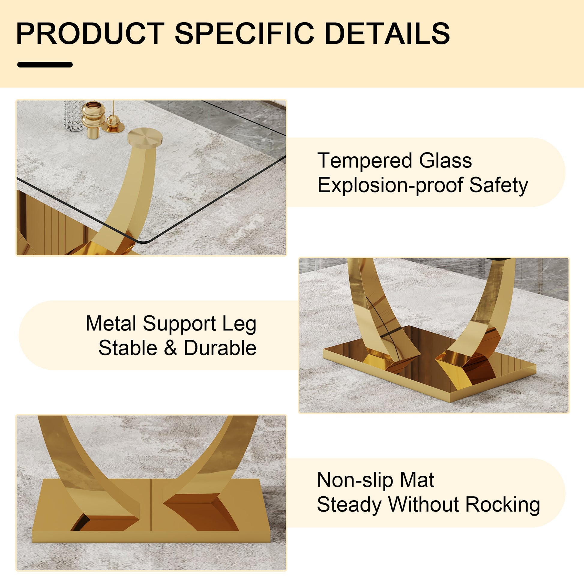 Modern Simple Rectangular Dining Table With Clear Glass Top And Smooth Gold Legs. Suitable For Kitchen, Dining Room And Living Room. Golden Glass