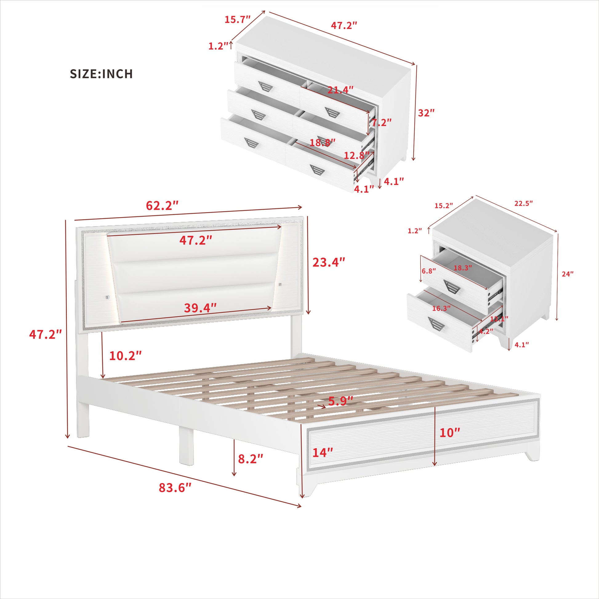 3 Pieces Bedroom Sets Queen Size Upholstered Bed With Led Lights, Nightstands And Dresser With Metal Handles And Sparkling Shiny Decoration, White Expected Arrival Time:8.5 Queen White 3 Piece Set Mdf Metal