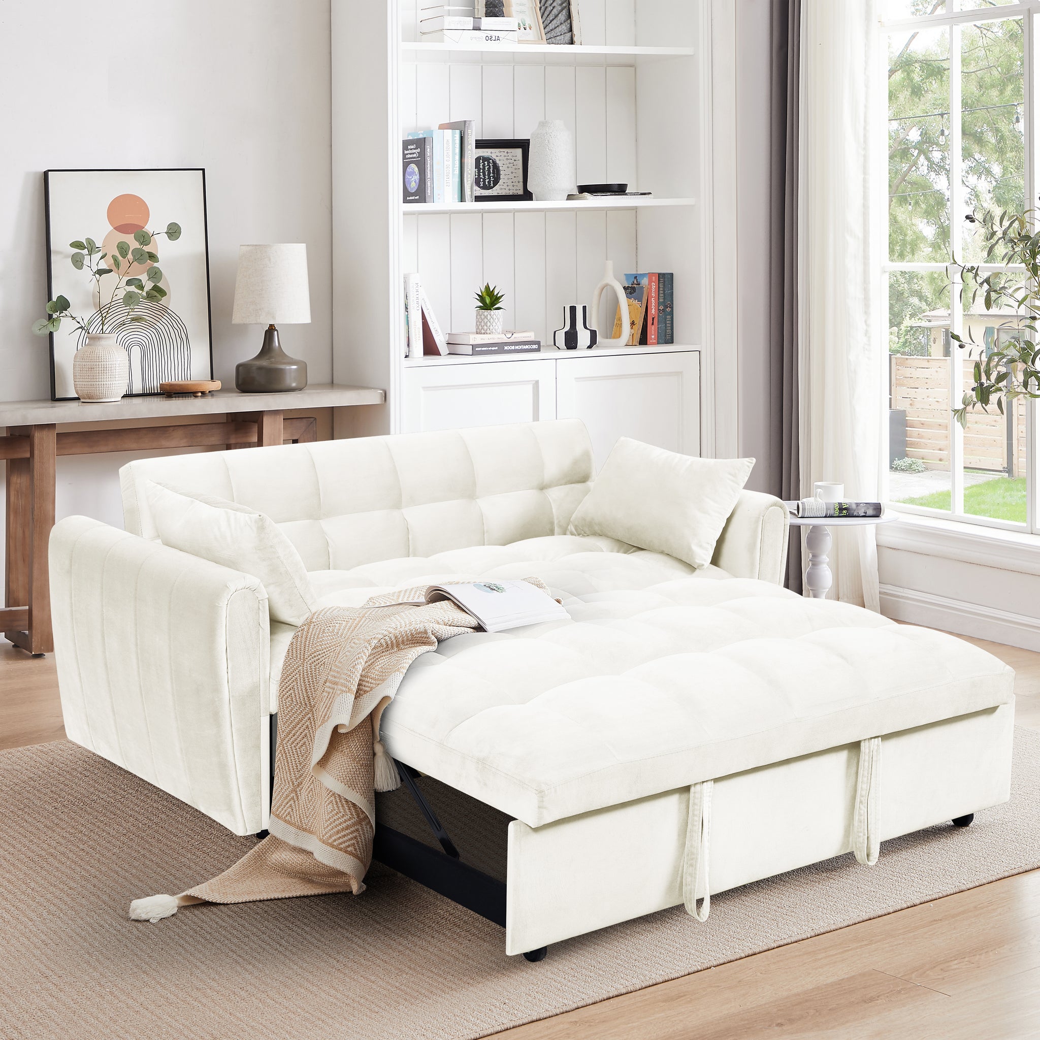 64.9"3 In 1 Foldable Large Size Sofa Bed, Modern Velvet Double Sofa, Sofa Bed With Adjustable Back, Storage Bag And Pillow, Suitable For Living Room, Bedroom Beige Light Brown Wood Primary Living