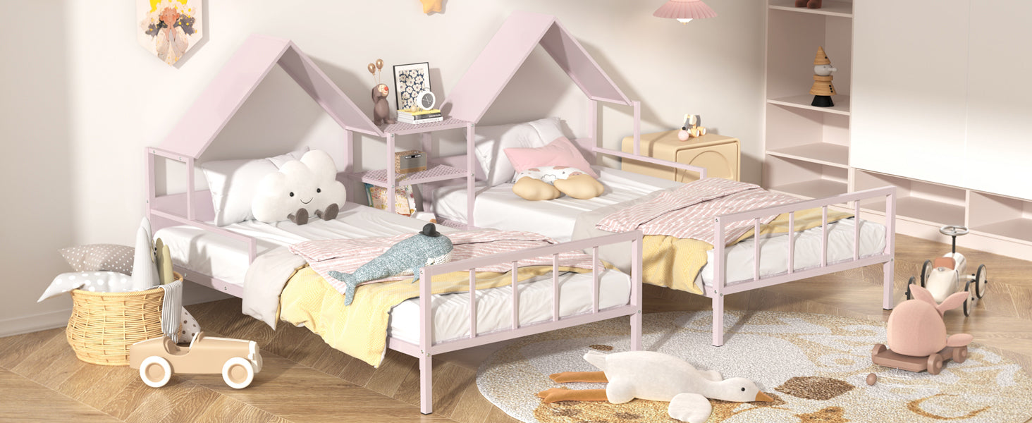 Metal Double Twin Size Platform Bed With House Shaped Headboard And A Built In Nightstand, Pink Box Spring Not Required Twin Pink Metal Metal