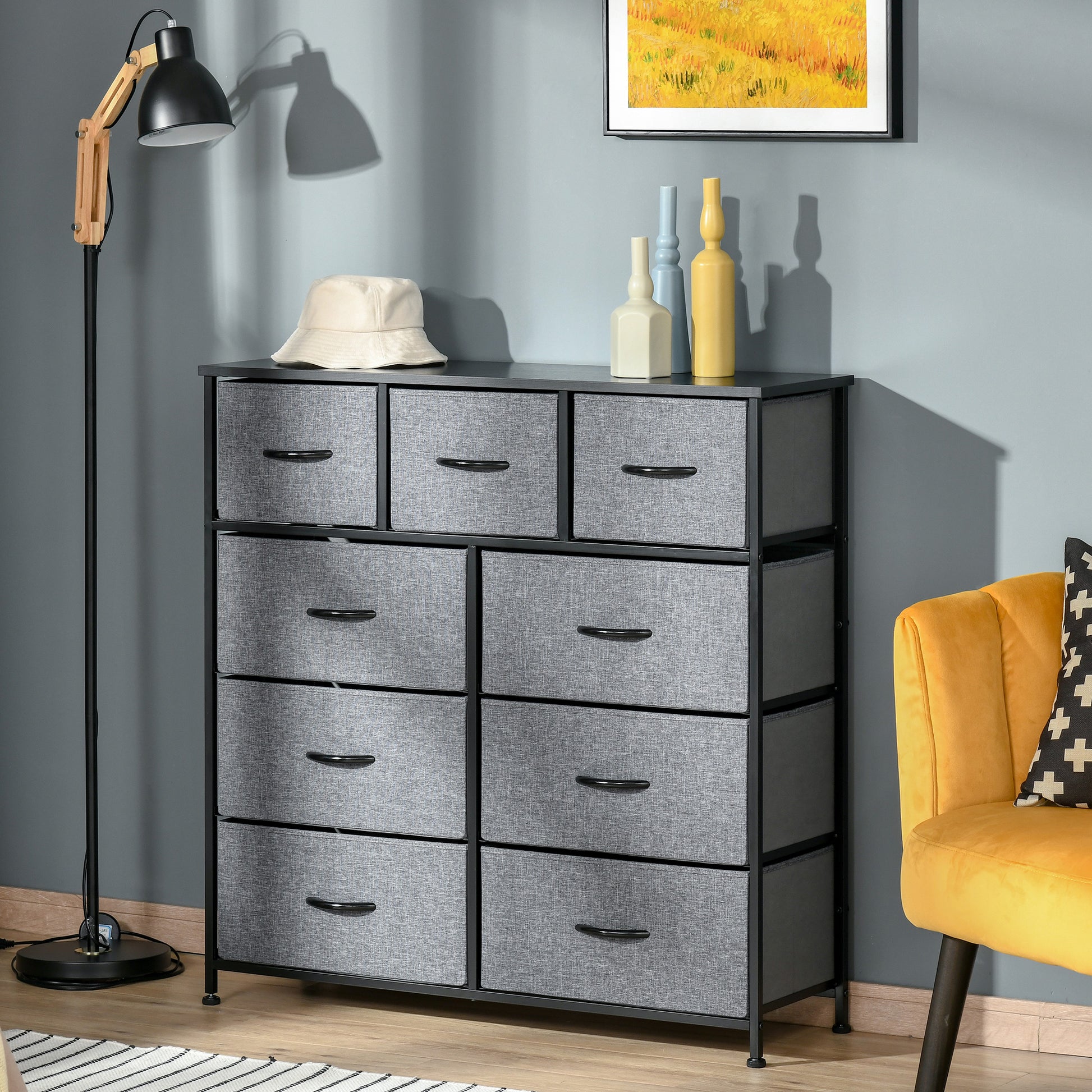 Homcom 9 Drawers Storage Chest Dresser Organizer Unit W Steel Frame, Wood Top, Easy Pull Fabric Bins, For Bedroom, Hallway, Closet, Entryway, Black & Grey Black Grey Polyester