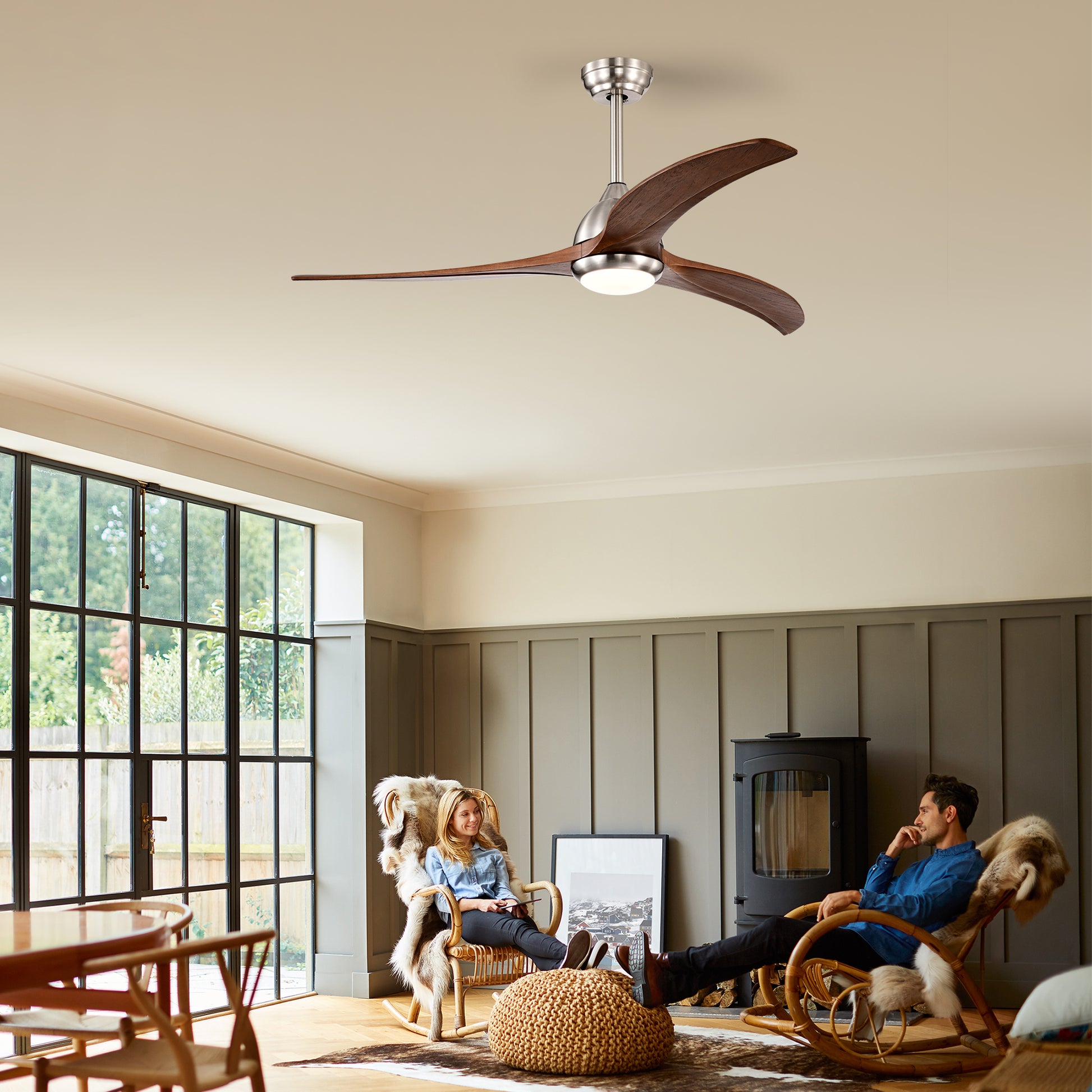 52" Ceiling Fan, Indoor Outdoor Ceiling Fan With Light With Remote Control, Noiseless Reversible Motor, 6 Speed ,3 Colorfor Patio Living Room, Bedroom, Office,Indoor. Stain Nickel Walnut Nickel Contemporary,Farmhouse,Industrial Wood Iron