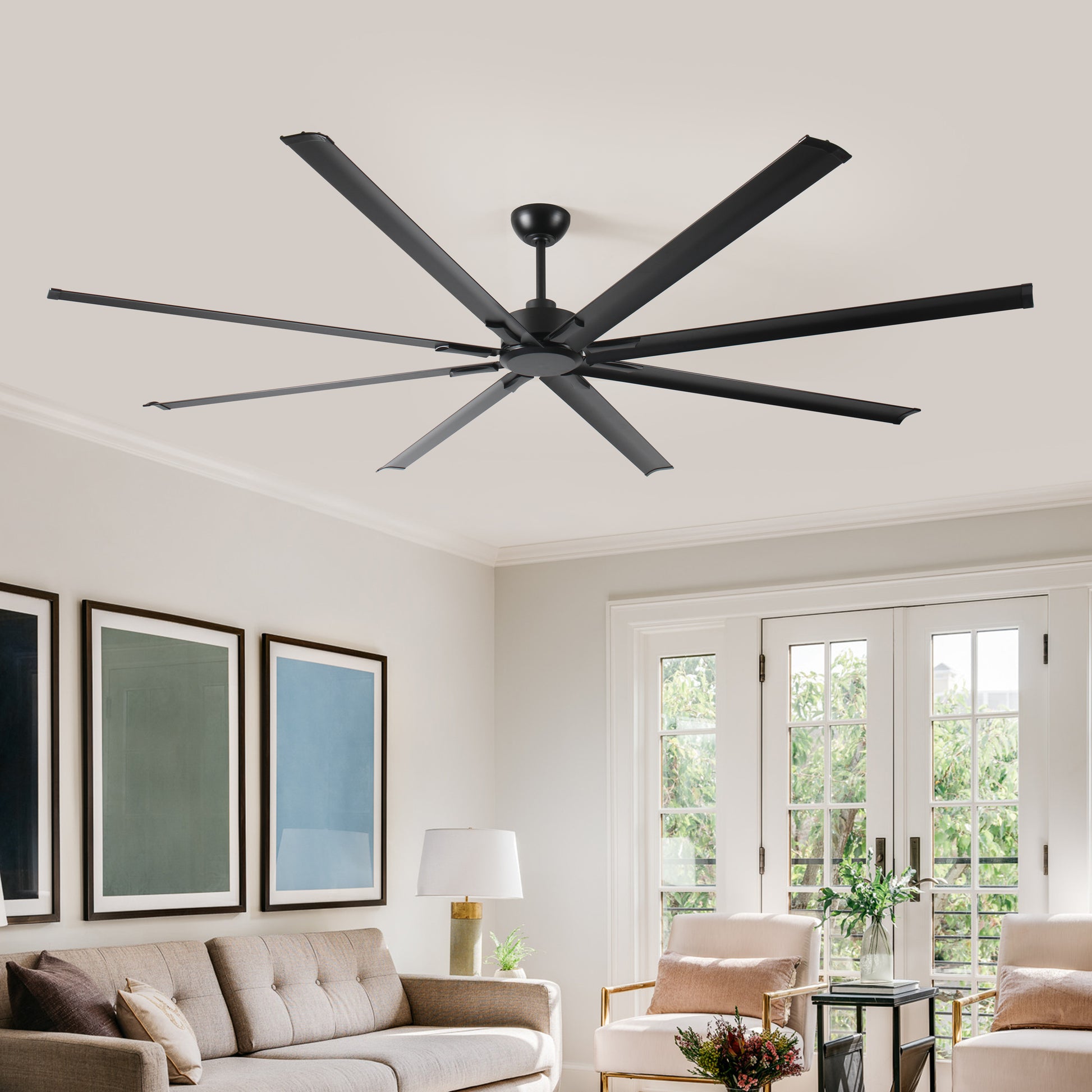 96 Inch Industrial Dc Motor Ceiling Fan, Large Ceiling Fan With 8 Reversible Blades, 5 Speed Remote Control, Home Or Commercial Ceiling Fans For Porch Garage Shop, Black Black Aluminium