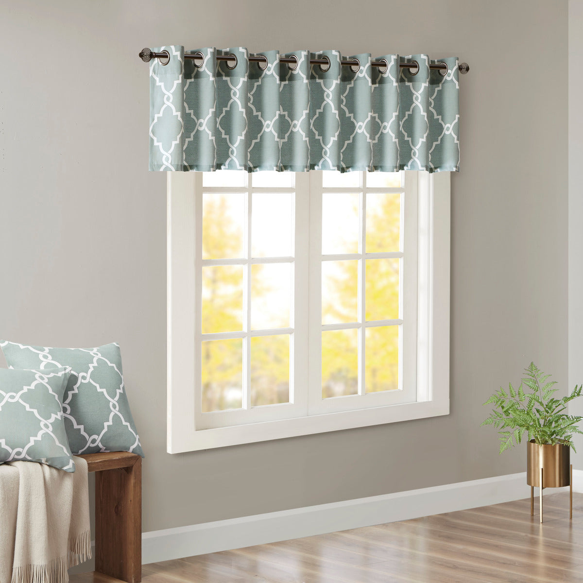 Fretwork Print Grommet Top Window Valance Seafoam White 50X18" Seafoam White Polyester