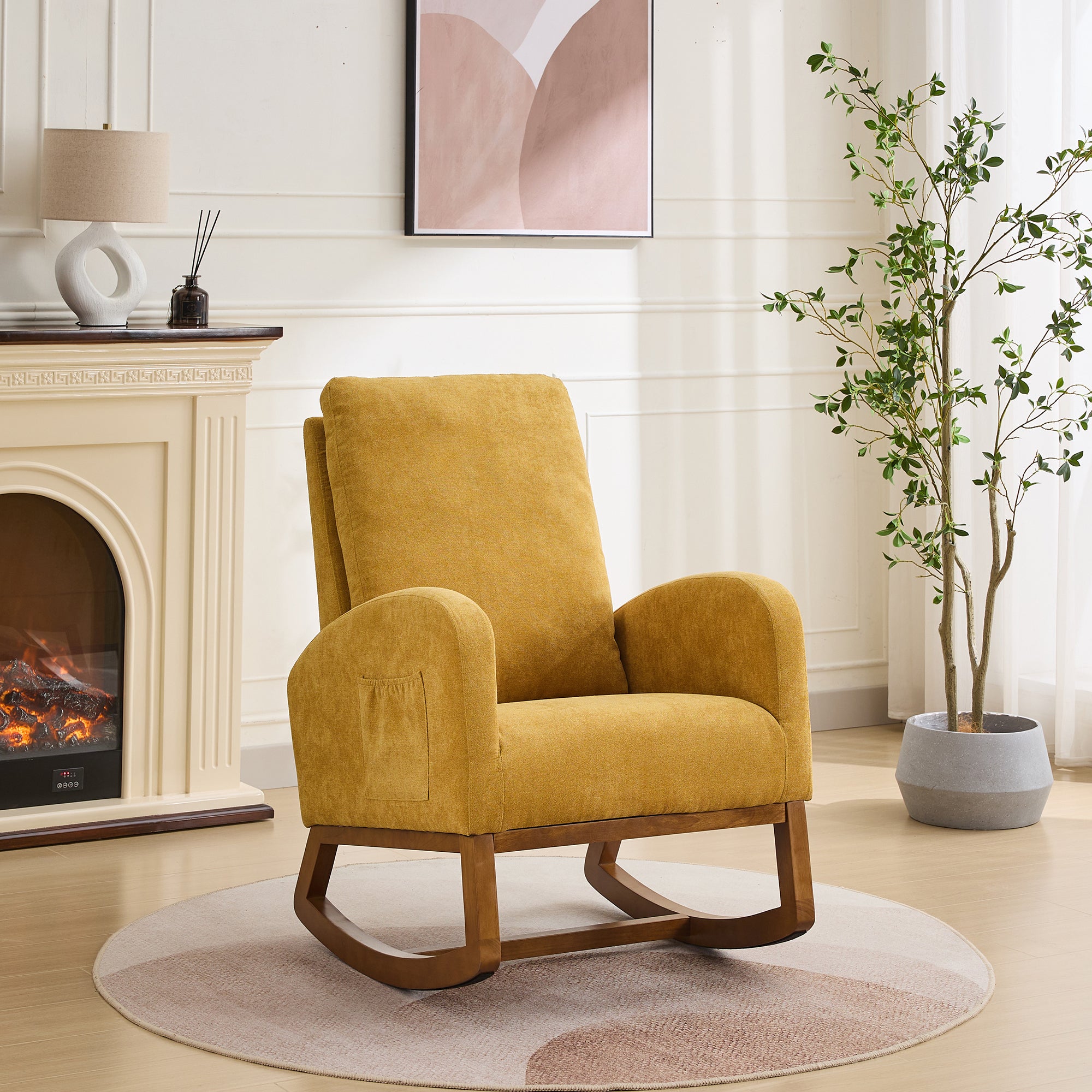 27.2"W Rocking Chair For Nursery, Polyester Glider Chair With High Back And Side Pocket, Rocking Accent Armchair With Rubber Wood Legs For Living Room Bedroom.Mustard Mustard Polyester