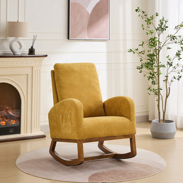 27.2"W Rocking Chair For Nursery, Polyester Glider Chair With High Back And Side Pocket, Rocking Accent Armchair With Rubber Wood Legs For Living Room Bedroom.Mustard Mustard Polyester