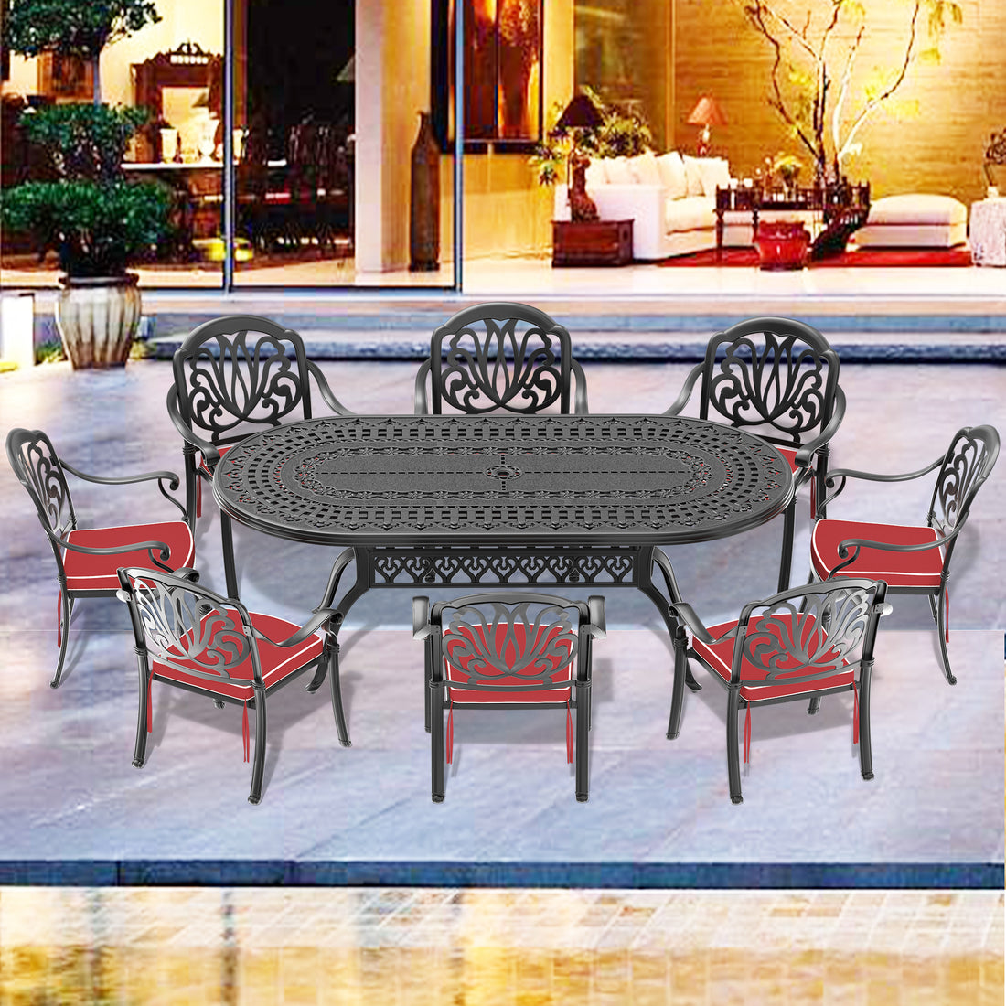Cushions In Random Colors 9 Piece Set Of Cast Aluminum Patio Furniture With Cushions Yes Dining Set Black Seats 8 Rust Resistant Frame Water Resistant Cushion Garden & Outdoor Complete Patio Sets Aluminium