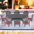 Cushions In Random Colors 9 Piece Set Of Cast Aluminum Patio Furniture With Cushions Yes Dining Set Black Seats 8 Rust Resistant Frame Water Resistant Cushion Garden & Outdoor Complete Patio Sets Aluminium