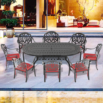 Cushions In Random Colors 9 Piece Set Of Cast Aluminum Patio Furniture With Cushions Yes Dining Set Black Seats 8 Rust Resistant Frame Water Resistant Cushion Garden & Outdoor Complete Patio Sets Aluminium