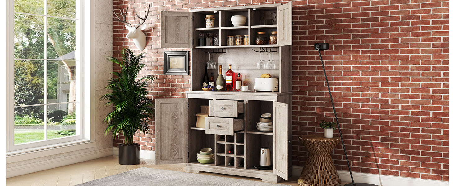 Coffee Bar Cabinet Kitchen Cabinet With Storage, Farmhouse Wine Cabinet With Drawers Shelves And Cabinets, Buffet Cabinet Wine & Glass Racks For Dining Room, Kitchen, Oak Brown Oak Particle Board Mdf