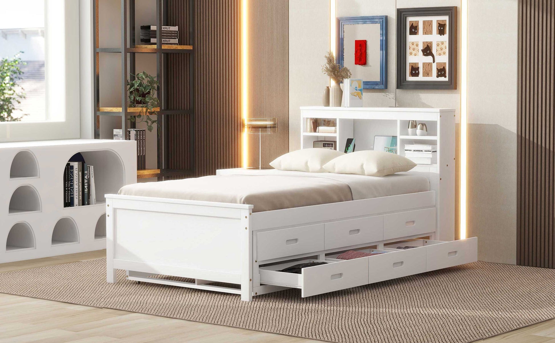 Twin Size Platform Bed With Storage Headboard, Usb, Twin Size Trundle And 3 Drawers, White Box Spring Not Required Twin White Wood Bedroom Bed Frame Solid Wood Mdf