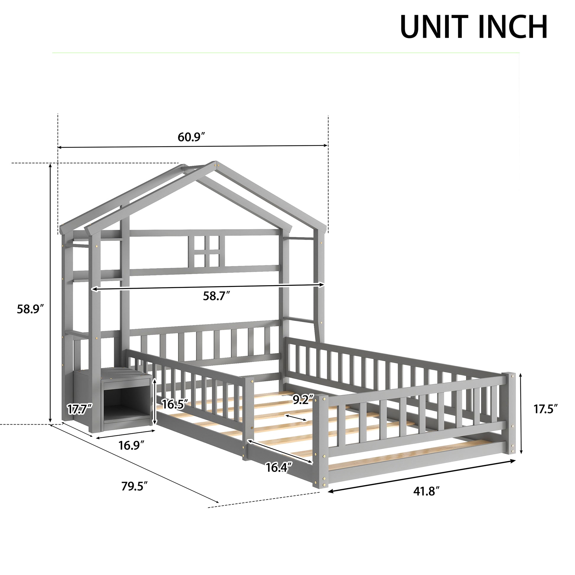 Twin Size House Style Headboard Floor Bed With Fence Guardrails Without Cushion,Gray Twin Gray Bedroom American Design Pine Bed Frame Pine