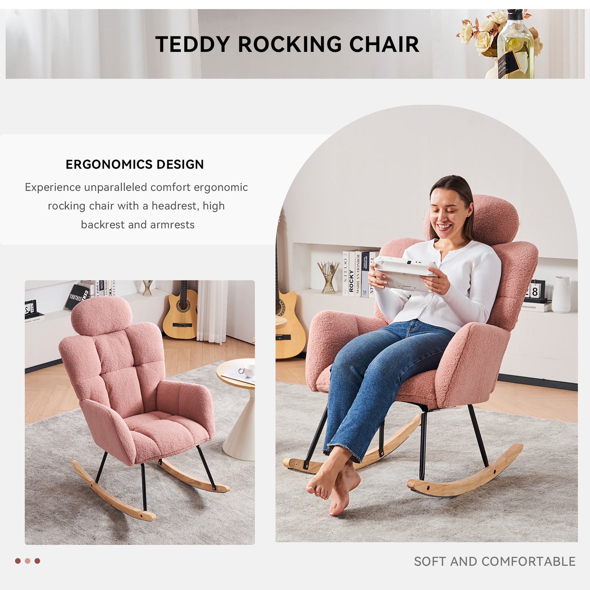 055 Teddy Fabric Upholstered Nursery Rocking Glider Chair Mid Century Modern Accent Arm Chair Padded Seat With High Backrest And Pillows For Living Room Bedroom Offices Pink Teddy Headrest Solid