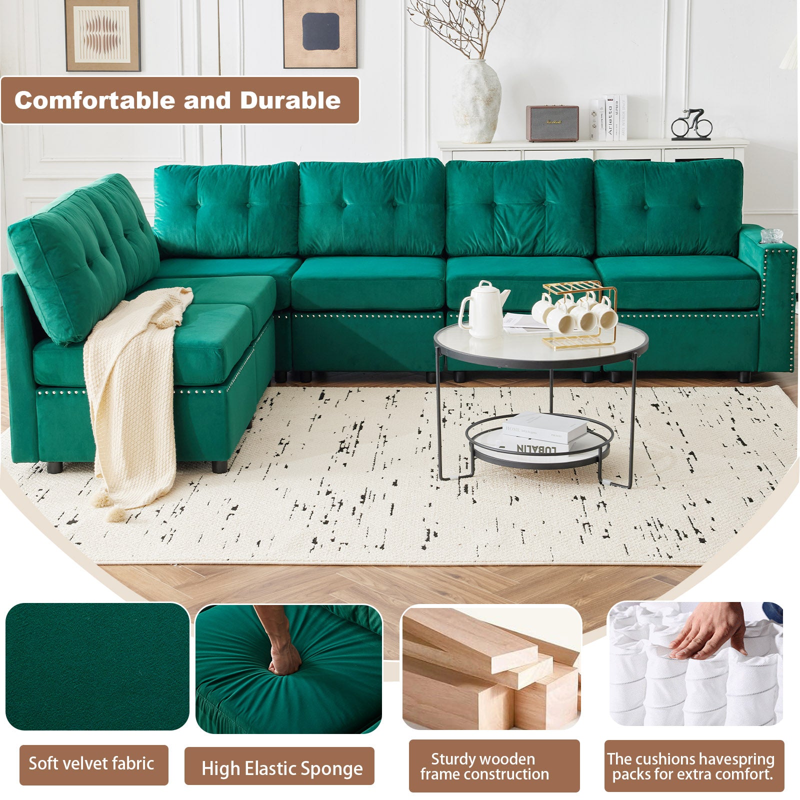 Velvet Modular Combination Sofa With Storage, Living Room Combination Sleeper Sofa Green Green Wood Primary Living Space Cushion Back Extra Heavy Duty Modern Foam Velvet 6 Seat