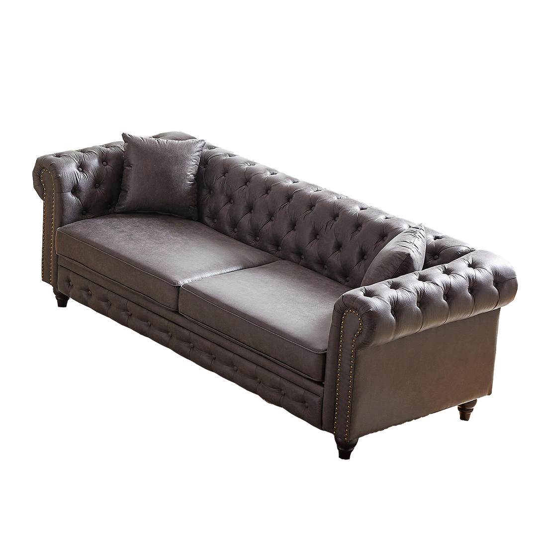 Fx 85.5"Living Room With Tech Fabric Chesterfield Sofa With Rolled Arms 3 Seater Sofa With Button Design And 2 Cushions For Apartment, Office, Living Room Grey Wood Primary Living Space Pine Foam Fabric 3 Seat