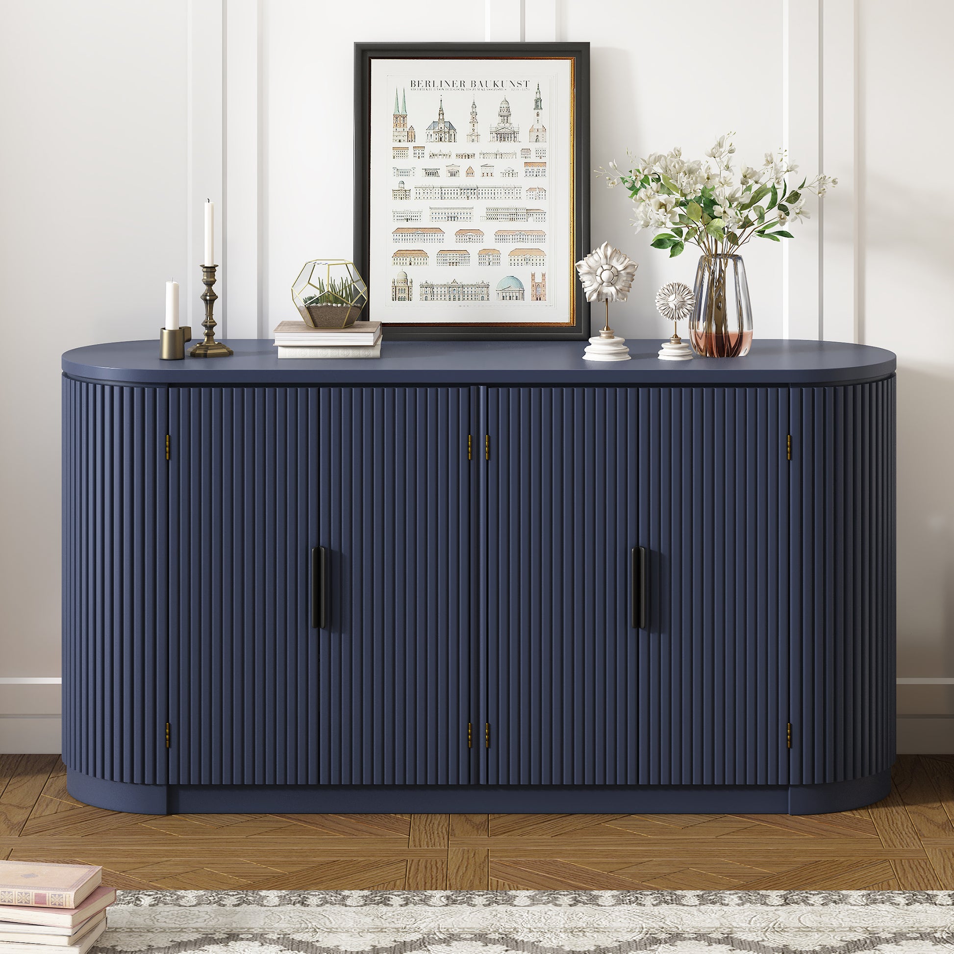 Vertical Striped Door Storage Cabinet With Metal Handles, Adjustable, Suitable For Study, Entryway And Living Room Navy Blue Mdf