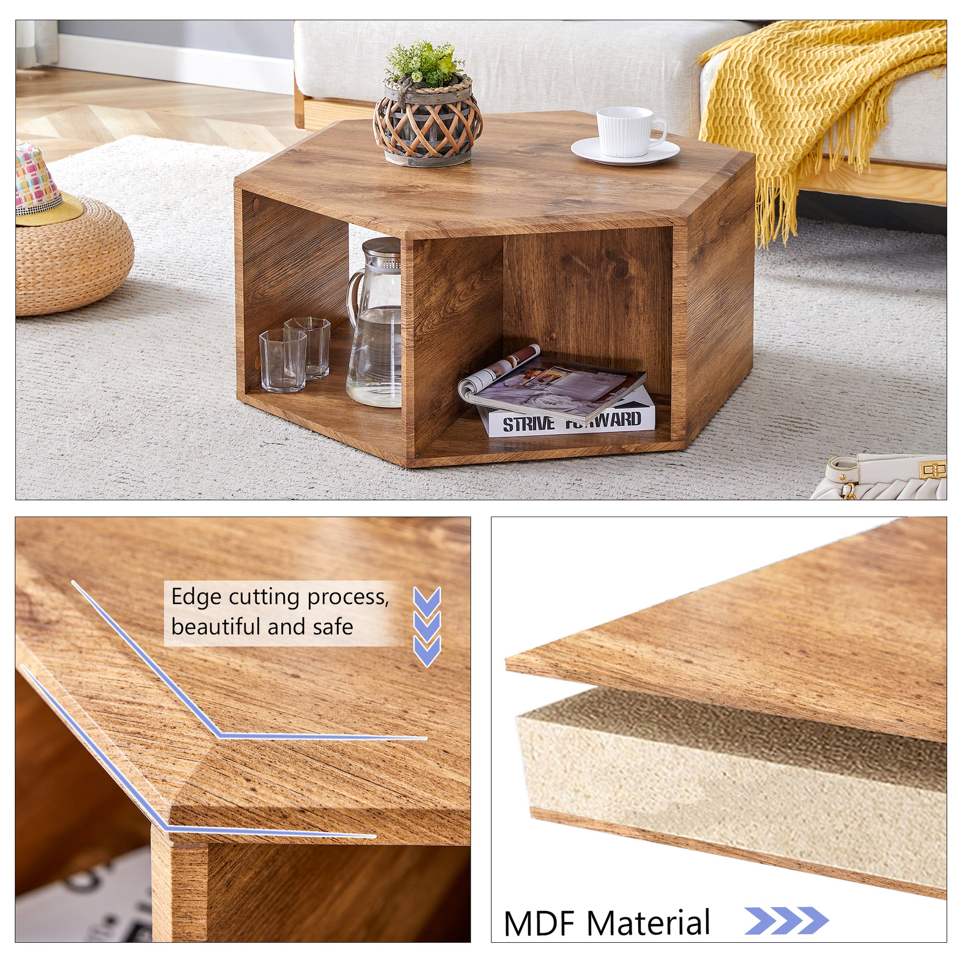 Hexagonal Mdf Coffee Table, Characteristic Pattern Stickers, Multi Hole Design To Give More Storage Space, Simple And Convenient Design Makes It Suitable For All Kinds Of Style Scenes. Wood Mdf