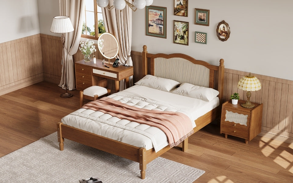 3 Pieces Bedroom Set With Full Size Wooden Bed Frame, 1 Vintage Nightstand And 1 Makeup Vanity Set With Stool,Walnut Expected Arrival Time: 08.23 Full Walnut 3 Piece Set Wood
