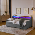 Twin Size Upholstery Sofa Bed With Three Led Lights, With Storage Adjustable Headboard, With Foldable Leg Pull Up Trundle Bed And Wireless Charging, Linen Padded Sofa Bed Frame, Grey Box Spring Not Required Twin Grey Composite Bedroom Classic Eucalyptus