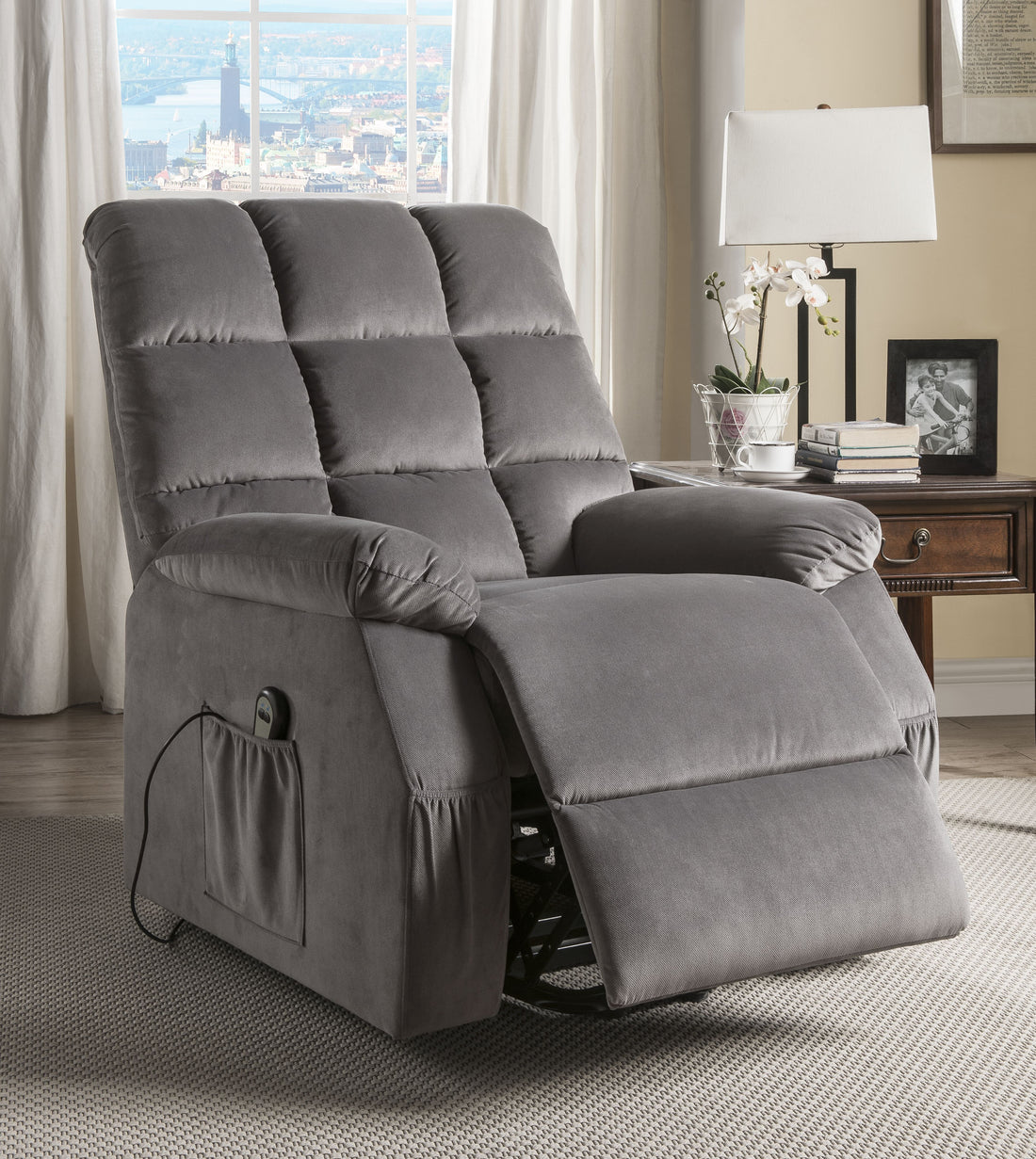 Grey Power Lift Recliner With Massage Grey Velvet Power Push Button Metal Primary Living Space Tight Back Push Button Pillow Top Arms Wood Fabric