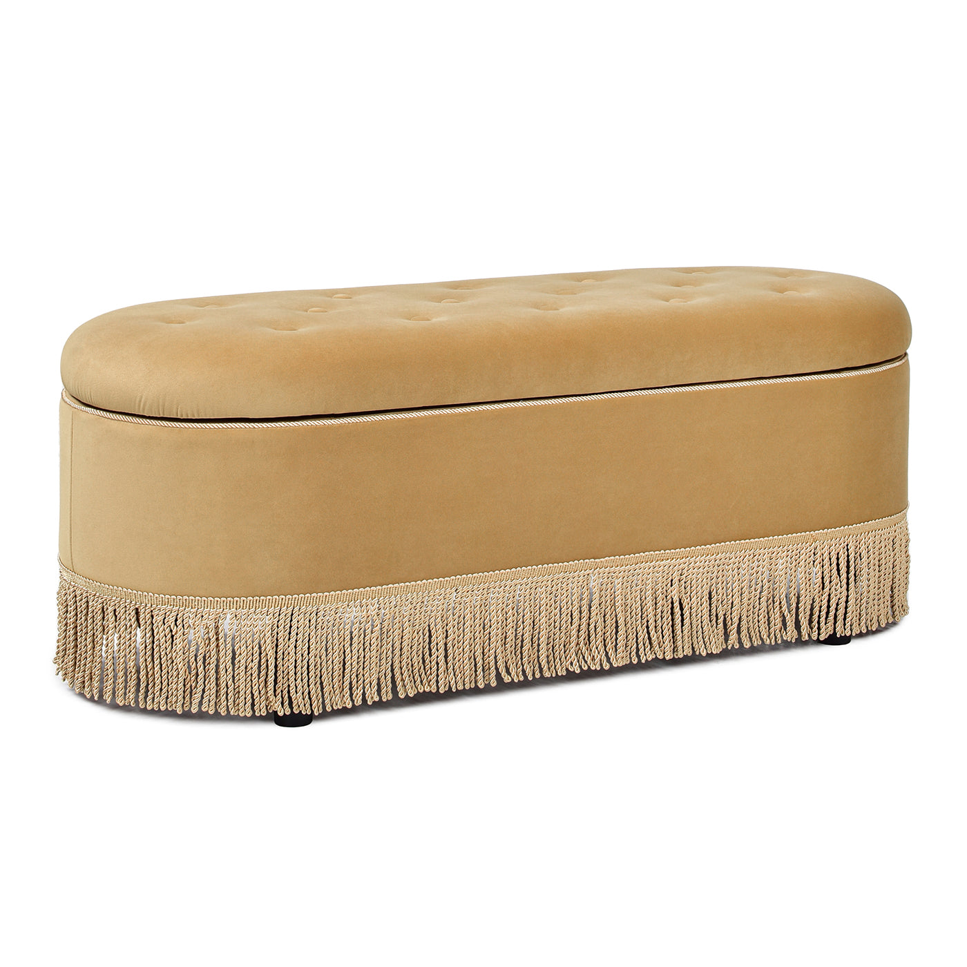Melinda 48.5" Oval Tufted Bullion Fringe Storage Bench, Gold Velvet Yellow Foam Velvet