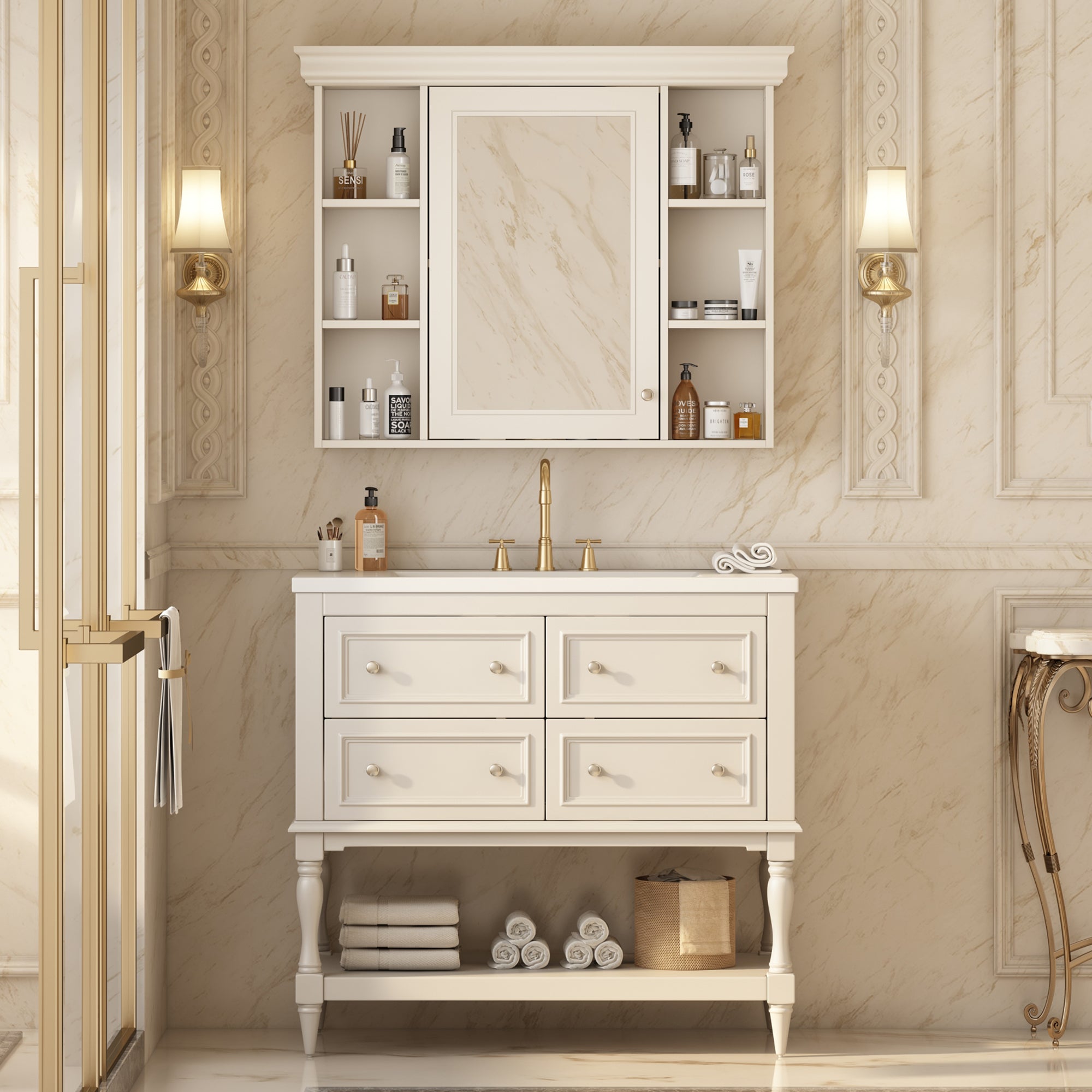 36'' Bathroom Vanity With Medicine Cabinet, Modern Mirror Cabinet With Adjustable Shelf, Bathroom Storage Cabinet With 4 Drawers, Solid Wood Frame Bathroom Storage Cabinet 4 Beige 1 5 Adjustable Hinges Bathroom Freestanding Solid Wood Mdf Resin Painted