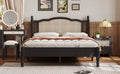 Queen Size Wooden Platform Bed With Natural Rattan Headboard, Vintage Bed Frame With Wooden Slat Support, Black Expected Arrival Time: 08.23 Box Spring Not Required Queen Black Wood